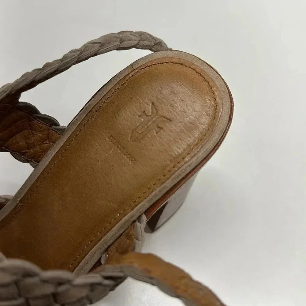 Frye Amy Braided High Heel Open Toe Sandals Shoes in Camel Multi Color Size 6.5